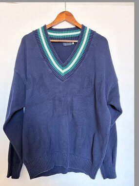 VINTAGE PHILIP MORRIS INVITATIONAL NAVY GREEN WHITE V NECK KNIT SWEATER SIZE L